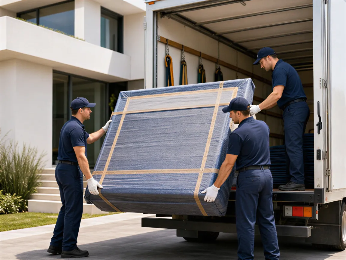 Drei Umzugshelfer in dunkelblauer Arbeitskleidung laden ein sorgfältig verpacktes Kunstwerk in einen sauberen Transporter.