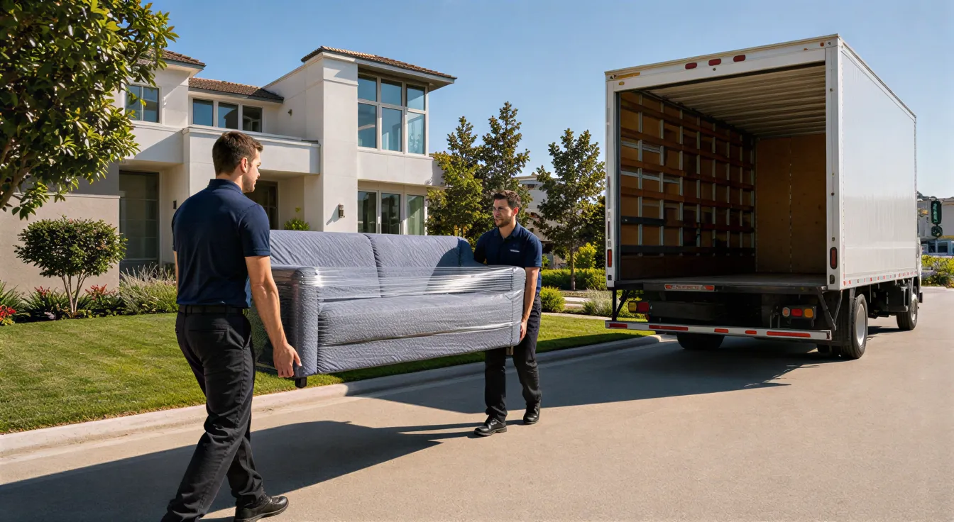 Zwei Umzugshelfer tragen ein sorgfältig verpacktes Sofa aus einem modernen Haus zu einem Umzugswagen.