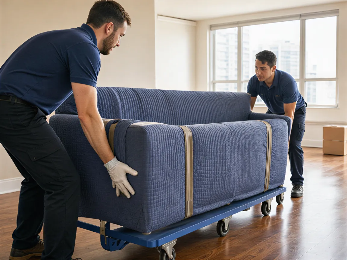 Ein Umzugsteam lädt sorgfältig ein großes, eingepacktes Sofa auf einen Möbelroller in einer hellen Wohnung.