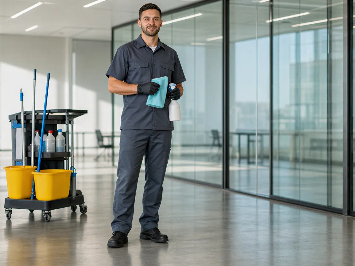 Ein Reinigungstechniker in einem sauberen Bürogebäude hält Putzutensilien neben einem Reinigungswagen.