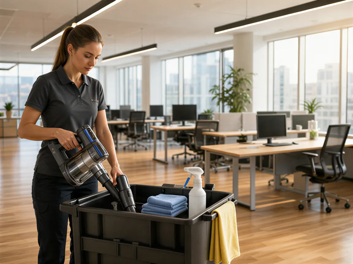 Eine Reinigungskraft verstaut einen Akku-Staubsauger in einem Reinigungswagen in einem sauberen Büro.