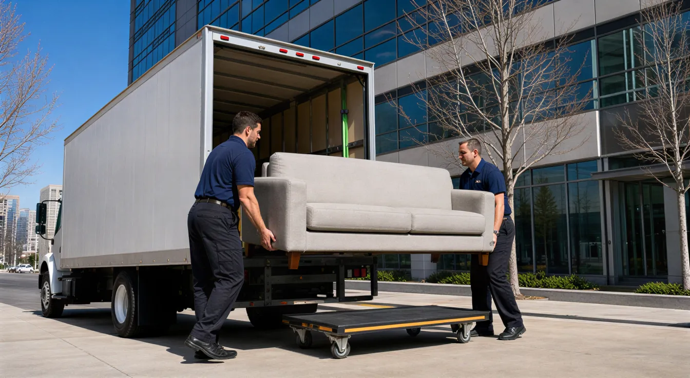 Zwei Umzugshelfer laden ein modernes Sofa vor einem gläsernen Bürogebäude von einem unmarkierten Lkw.