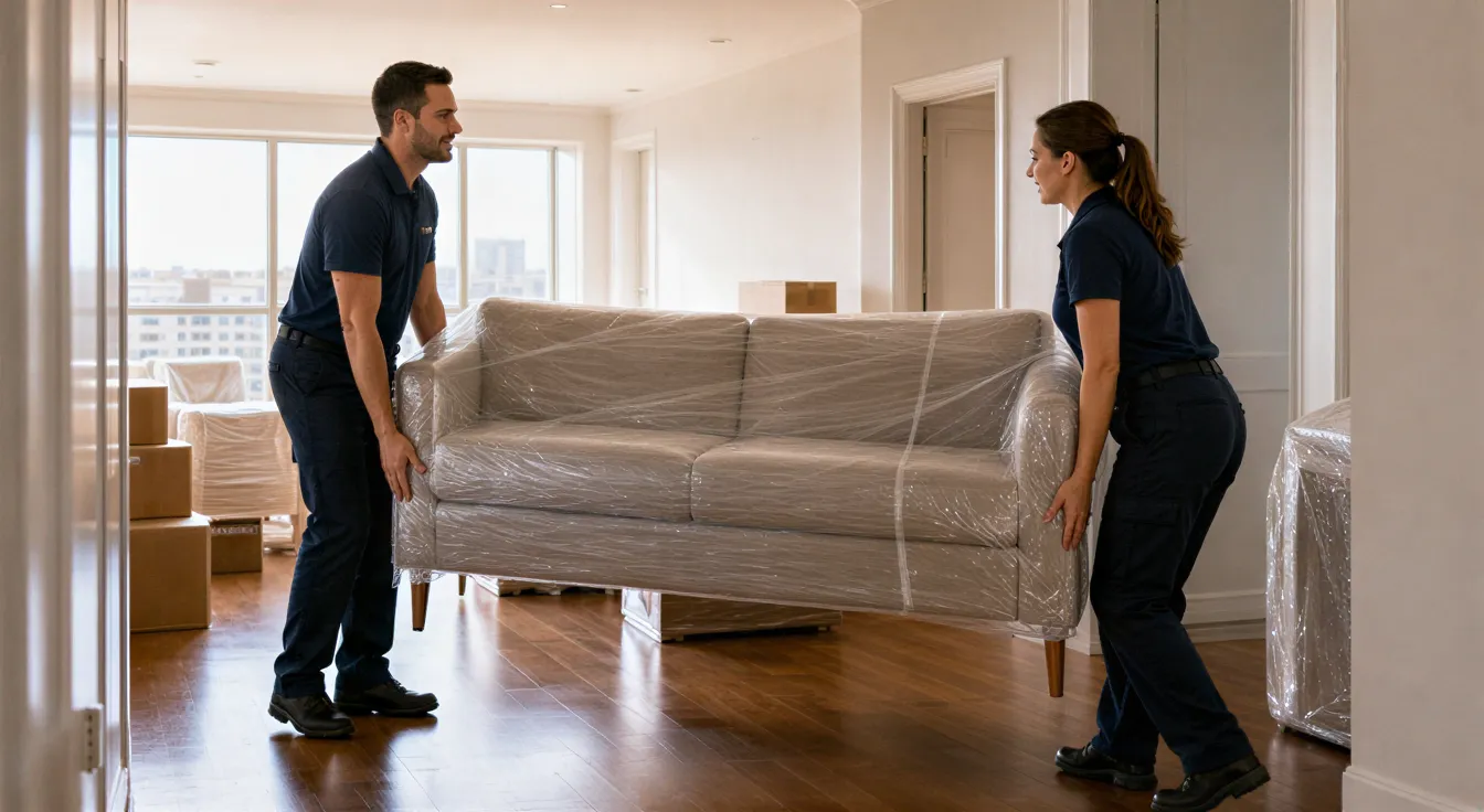 Ein Umzugsteam transportiert ein in Folie verpacktes Sofa durch die helle Diele einer modernen Wohnung.