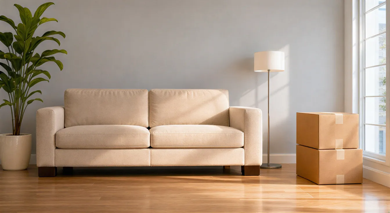 Ein modernes Wohnzimmer mit einem beigen Sofa, einer Pflanze und gepackten Umzugskartons in der Ecke.