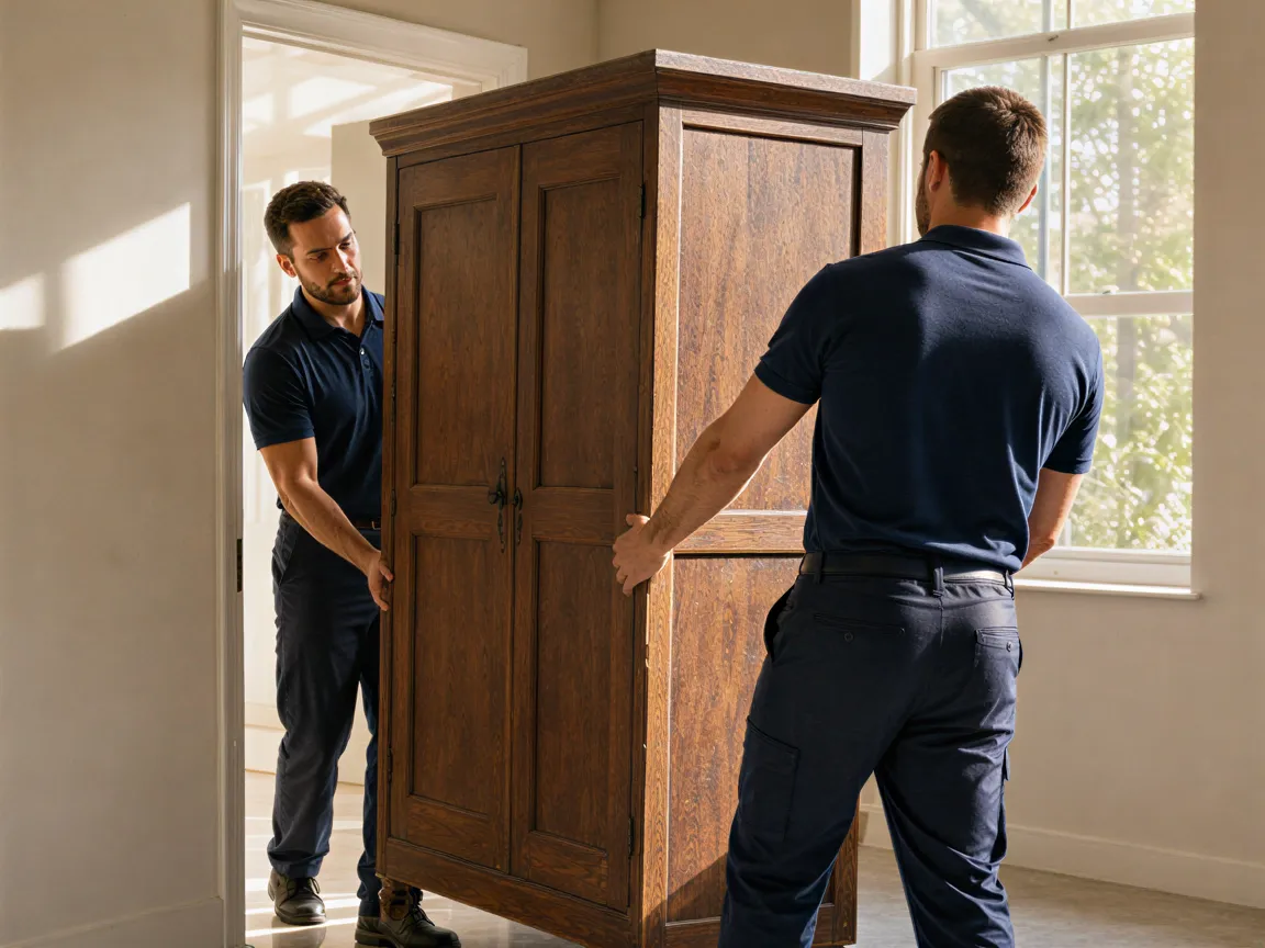 Zwei Umzugshelfer in dunklen Uniformen tragen einen großen Holzschrank durch eine sonnendurchflutete Wohnungstür.