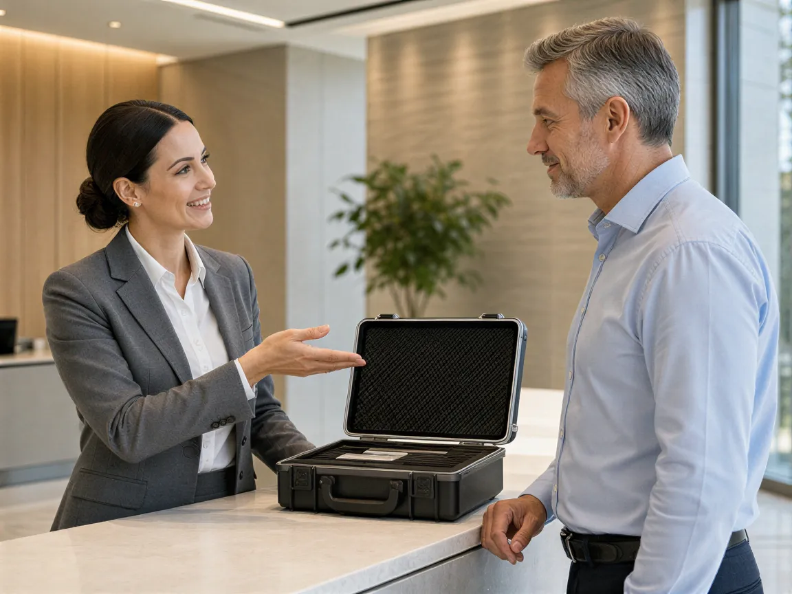 Eine Geschäftsfrau präsentiert einem Kunden einen Serviceplan an einem modernen Empfangstresen.