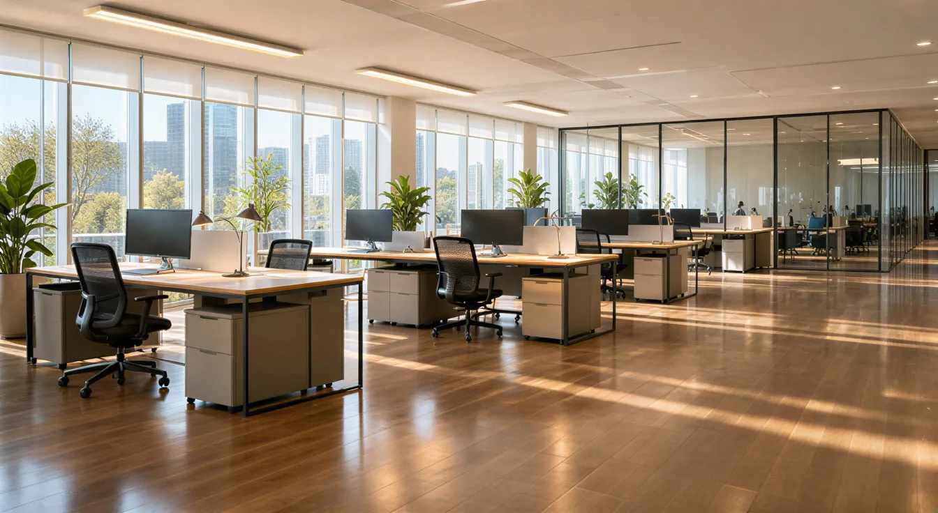 Ein sauberes, modernes Büro mit aufgeräumten Schreibtischen, großen Fenstern und grünen Pflanzen.