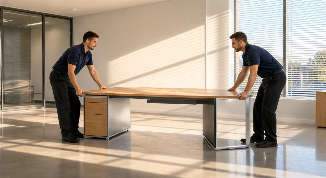 Zwei Umzugshelfer in blauen Polohemden positionieren einen modernen Schreibtisch in einem leeren Büro mit großen Fenstern.