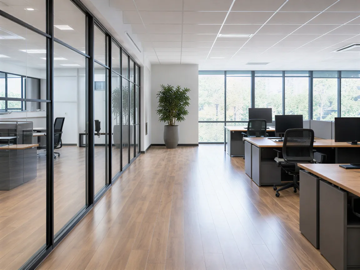Ein makelloses, modernes Büro mit polierten Böden, leeren Schreibtischen und großen Fenstern.