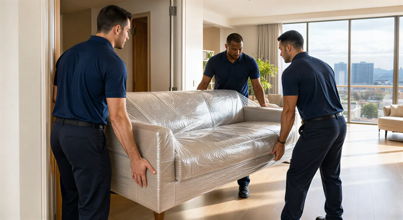 Drei Umzugshelfer in blauen Polohemden tragen ein großes, verpacktes Sofa durch eine sonnendurchflutete Wohnungstür.