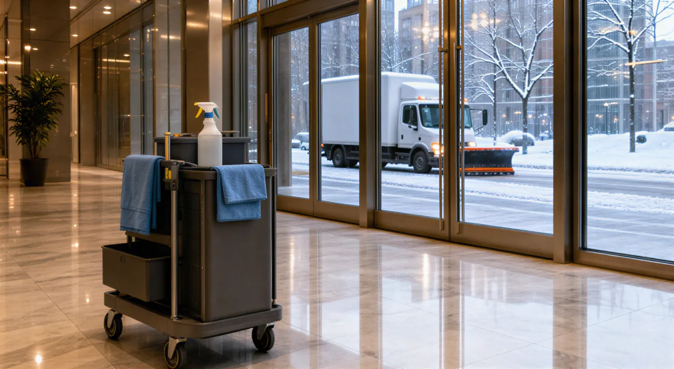 Ein Reinigungswagen steht in einer sauberen Bürolobby vor einer Glastür mit winterlichem Stadtblick.