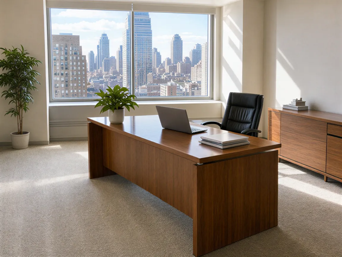 Ein minimalistisches Büro mit Schreibtisch, Laptop, Pflanze und Blick auf die Skyline bei Tageslicht.
