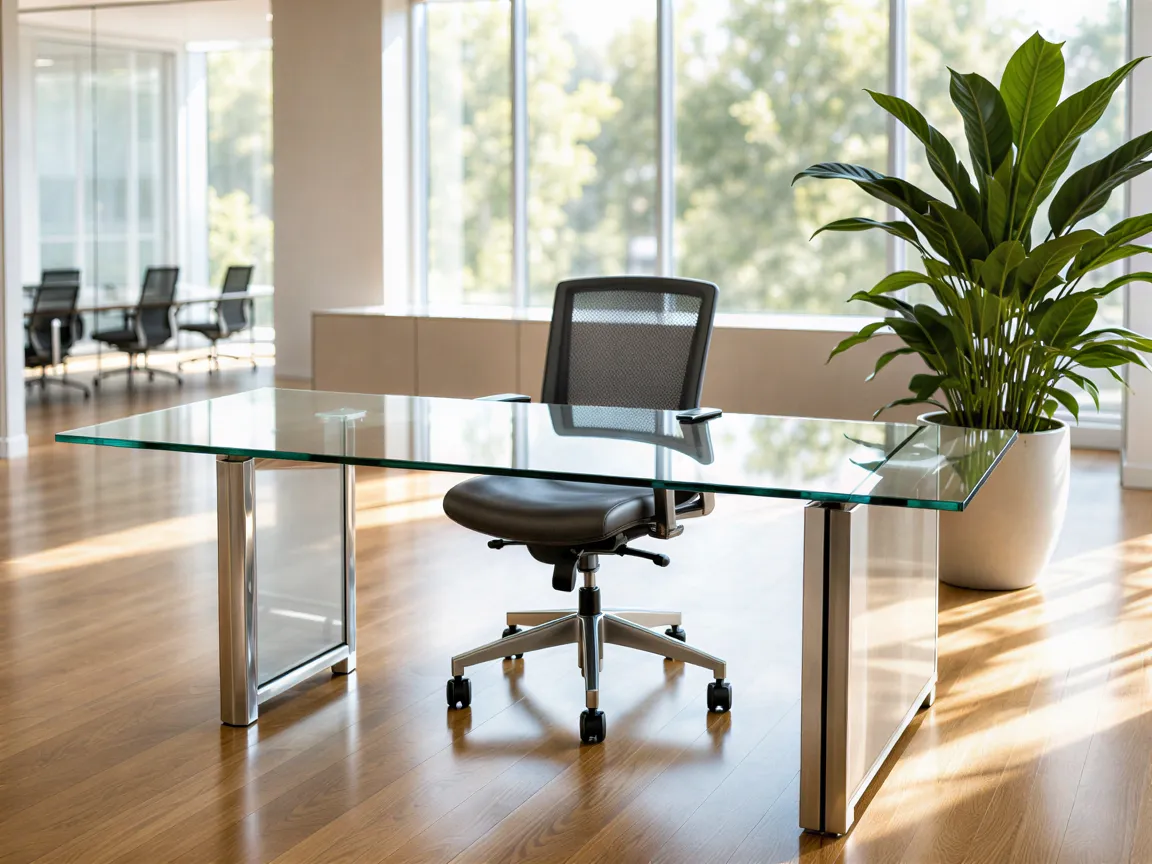 Ein leerer Schreibtisch mit einer Topfpflanze in einem sonnendurchfluteten, minimalistischen Büro.