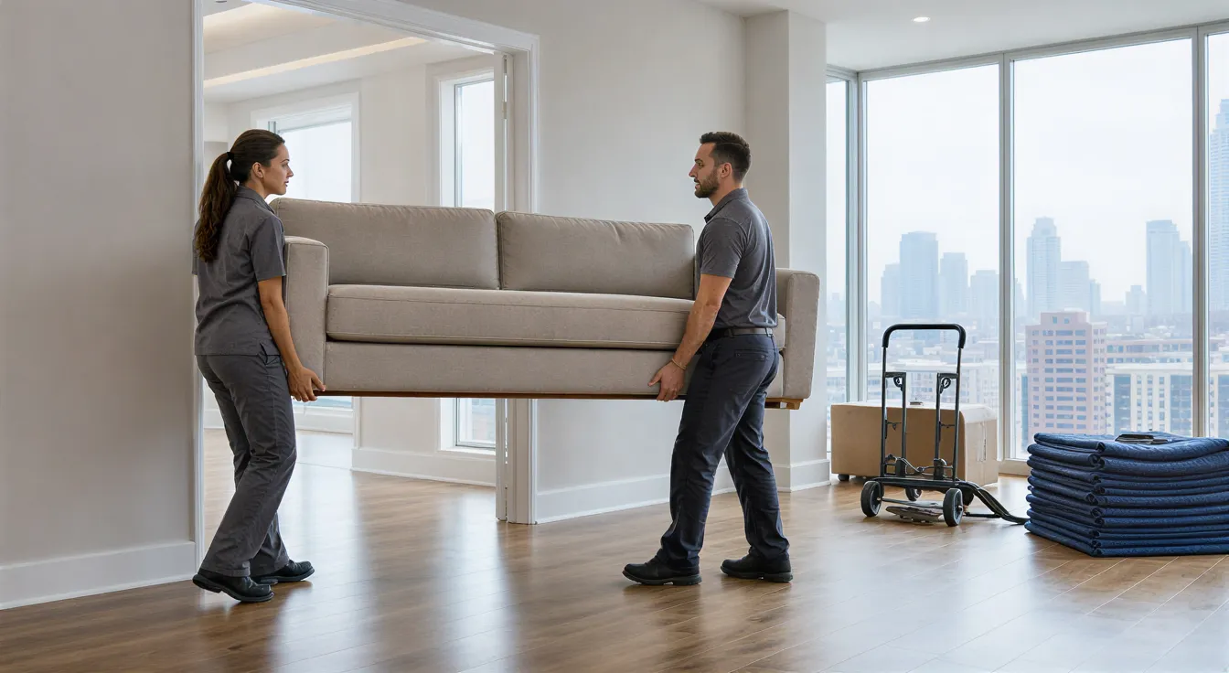 Zwei Umzugshelfer tragen vorsichtig ein großes Sofa durch einen leeren, modernen Wohnraum.