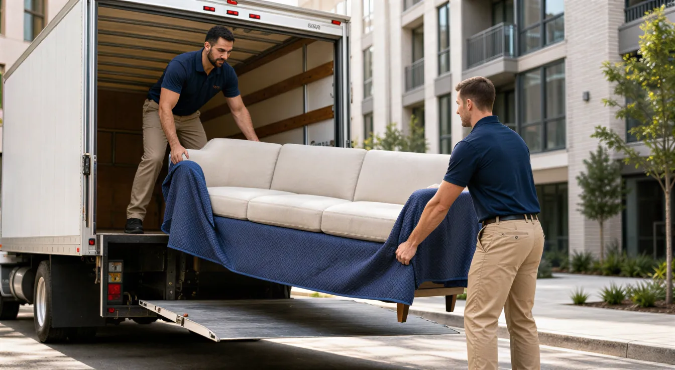 Zwei Umzugshelfer laden ein großes Sofa von einem LKW auf den Gehsteig vor einem modernen Wohnhaus.