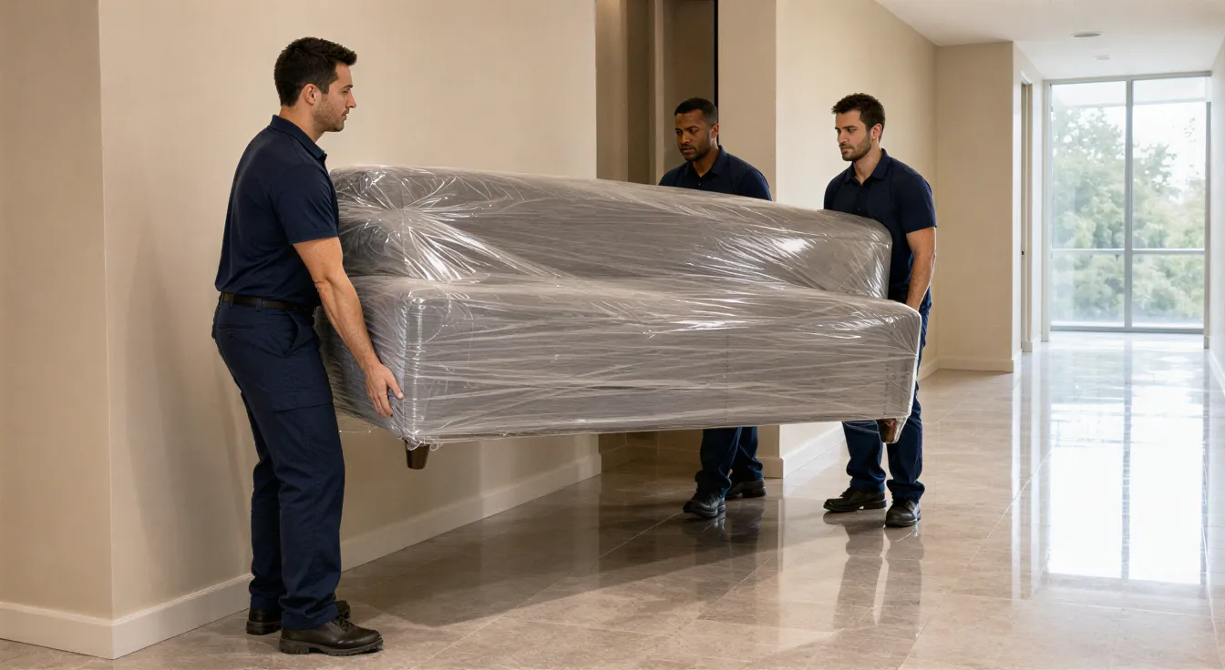 Drei Umzugshelfer in dunkelblauer Arbeitskleidung tragen ein großes, eingepacktes Sofa durch einen hellen Wohnflur.