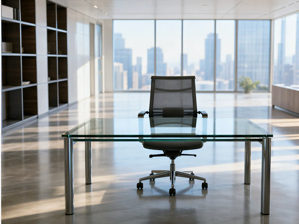 Ein leerer moderner Konferenzraum mit einem gläsernen Tisch, einem Stuhl und großen Fenstern mit Stadtblick.