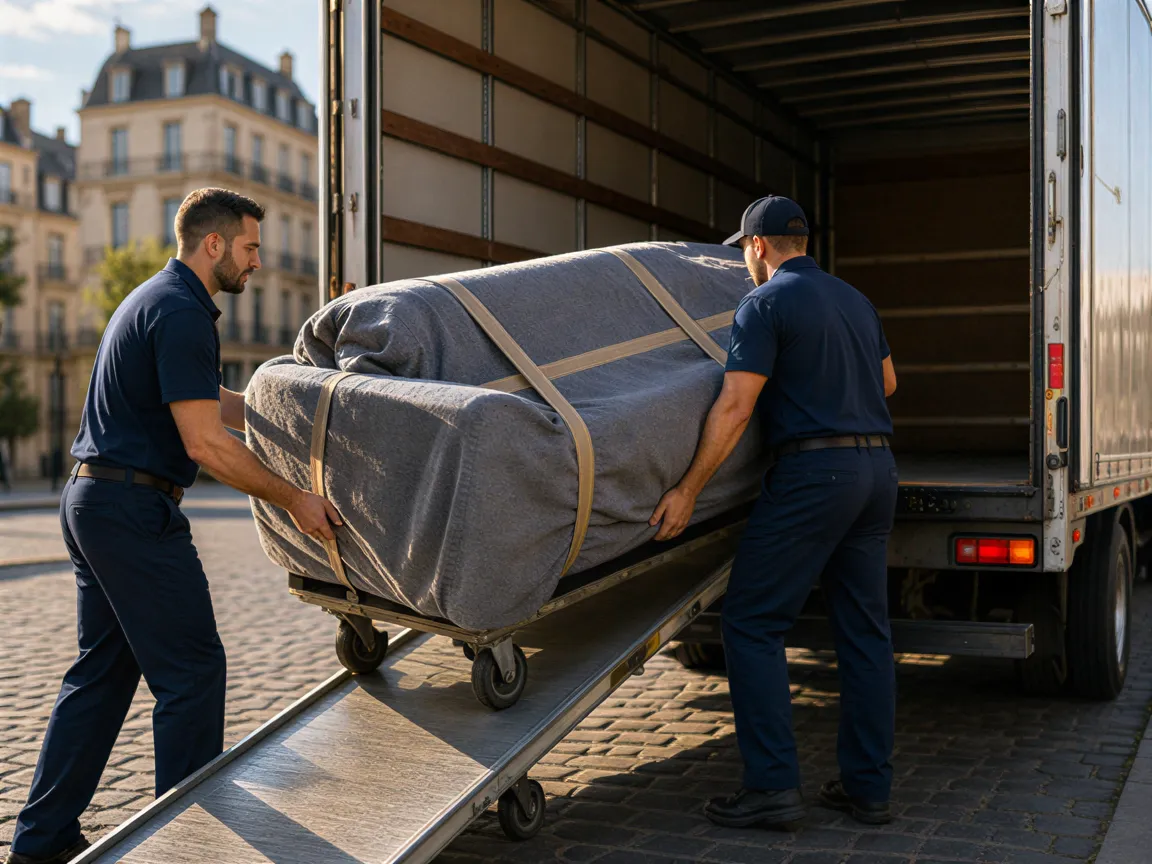 Zwei Arbeiter in blauen Uniformen laden ein eingepacktes Sofa auf einen Möbelwagen in einer sonnigen Stadtstraße.