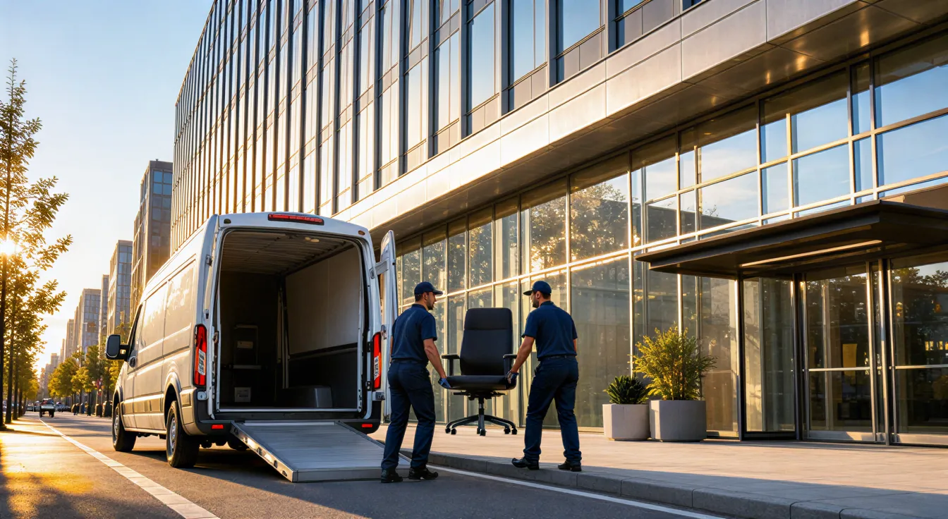 Zwei Umzugshelfer tragen einen modernen Bürostuhl von einem Transporter zum Eingang eines Glasgebäudes.