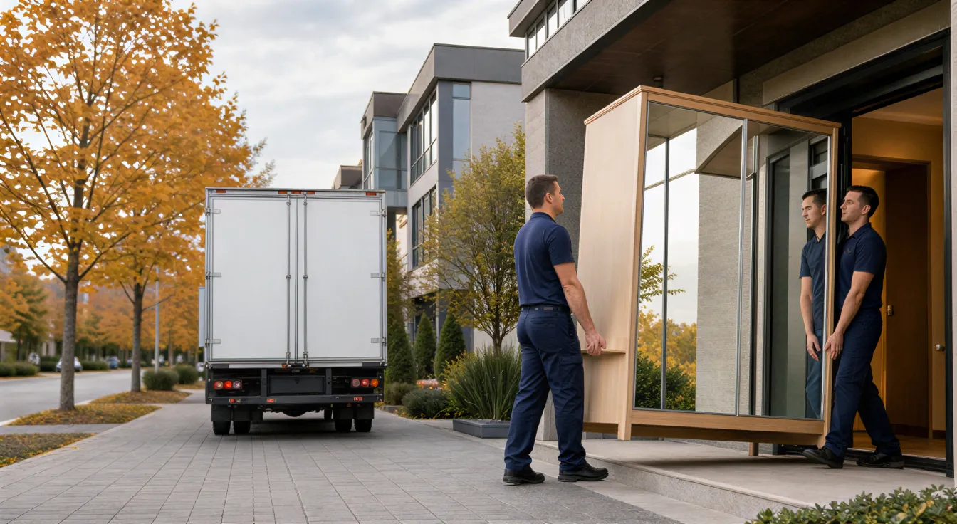 Zwei Umzugshelfer tragen einen großen Schrank aus einem modernen Wohnhaus an einem Herbsttag.