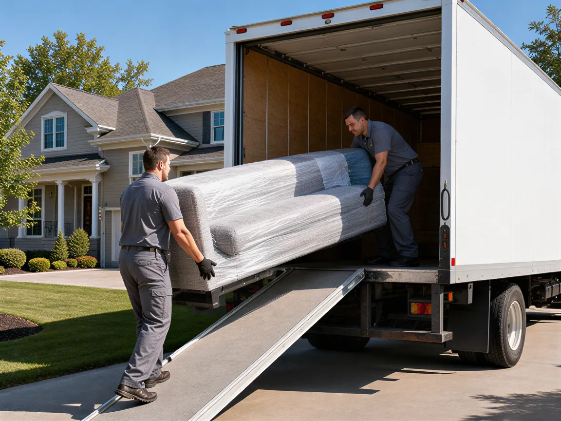 Zwei Umzugshelfer laden ein sorgfältig verpacktes Sofa in einen weißen Umzugswagen vor einem Wohnhaus.