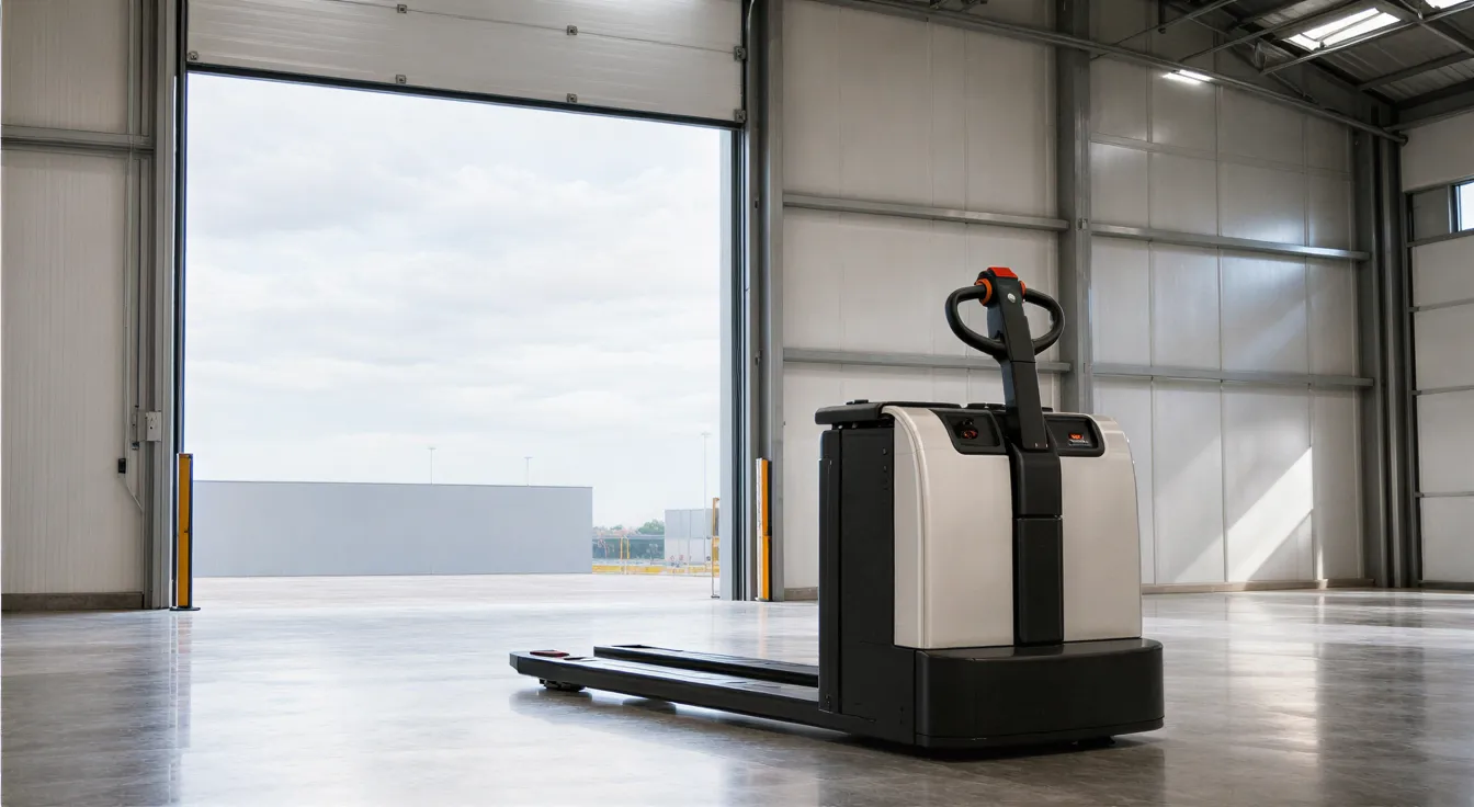 Ein leerer, moderner Industriehallenraum mit geöffneter Laderampe, einem elektrischen Hubwagen auf blankem Betonboden.