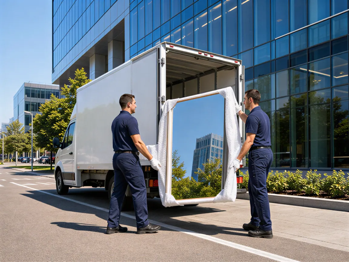 Zwei Umzugshelfer tragen ein eingepacktes Kunstwerk von einem weißen Transporter zu einem Glasgebäude.