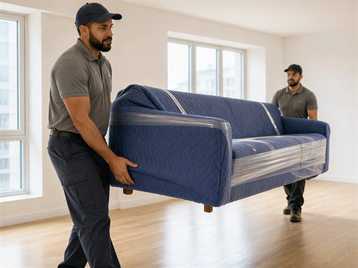 Zwei Umzugshelfer tragen ein in Decken eingepacktes Sofa durch einen leeren, hellen Neubau.