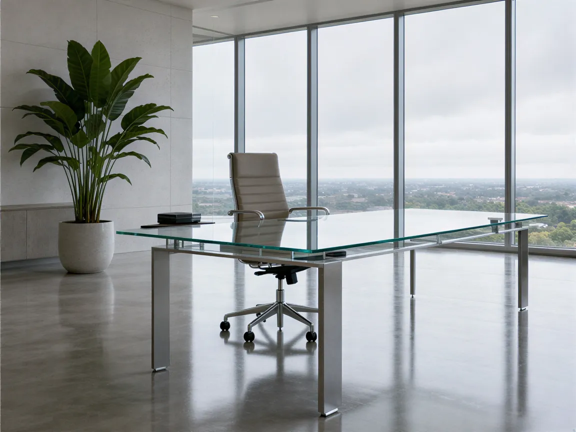 Ein minimalistisches Büro mit sauberem Schreibtisch, ergonomischem Stuhl und einer grünen Pflanze vor großen Fenstern.