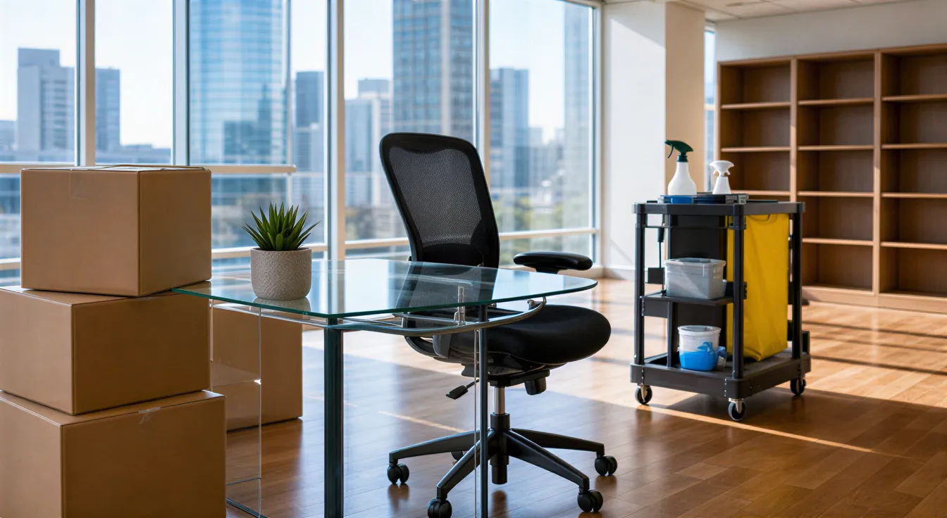 Ein sonnendurchflutetes Büro mit polierten Holzböden, einem Glas-Schreibtisch und ungeöffneten Umzugskartons nach einer