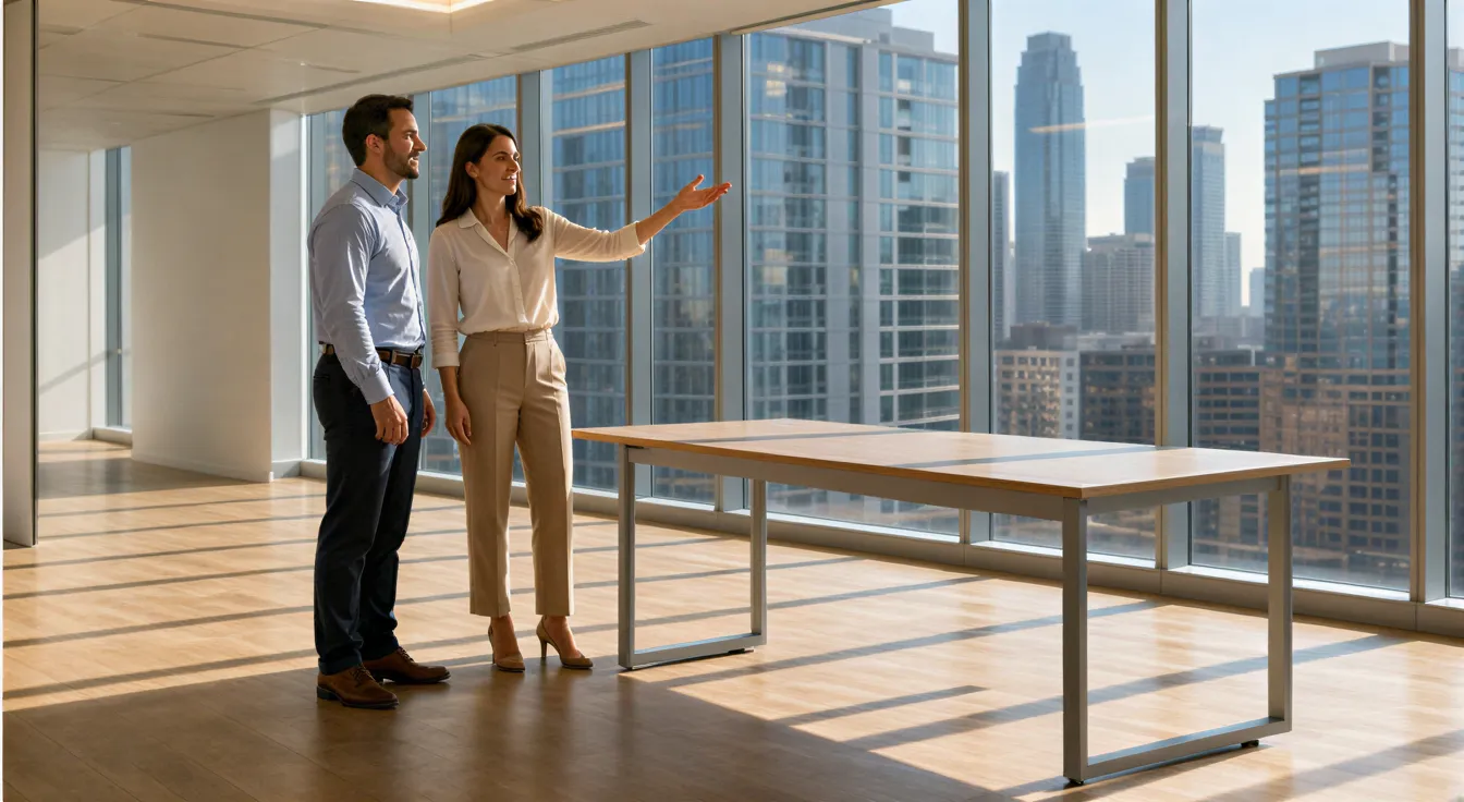 Eine Frau und ein Mann besprechen in einem sonnendurchfluteten Büro mit Stadtblick den fertigen Umzug.