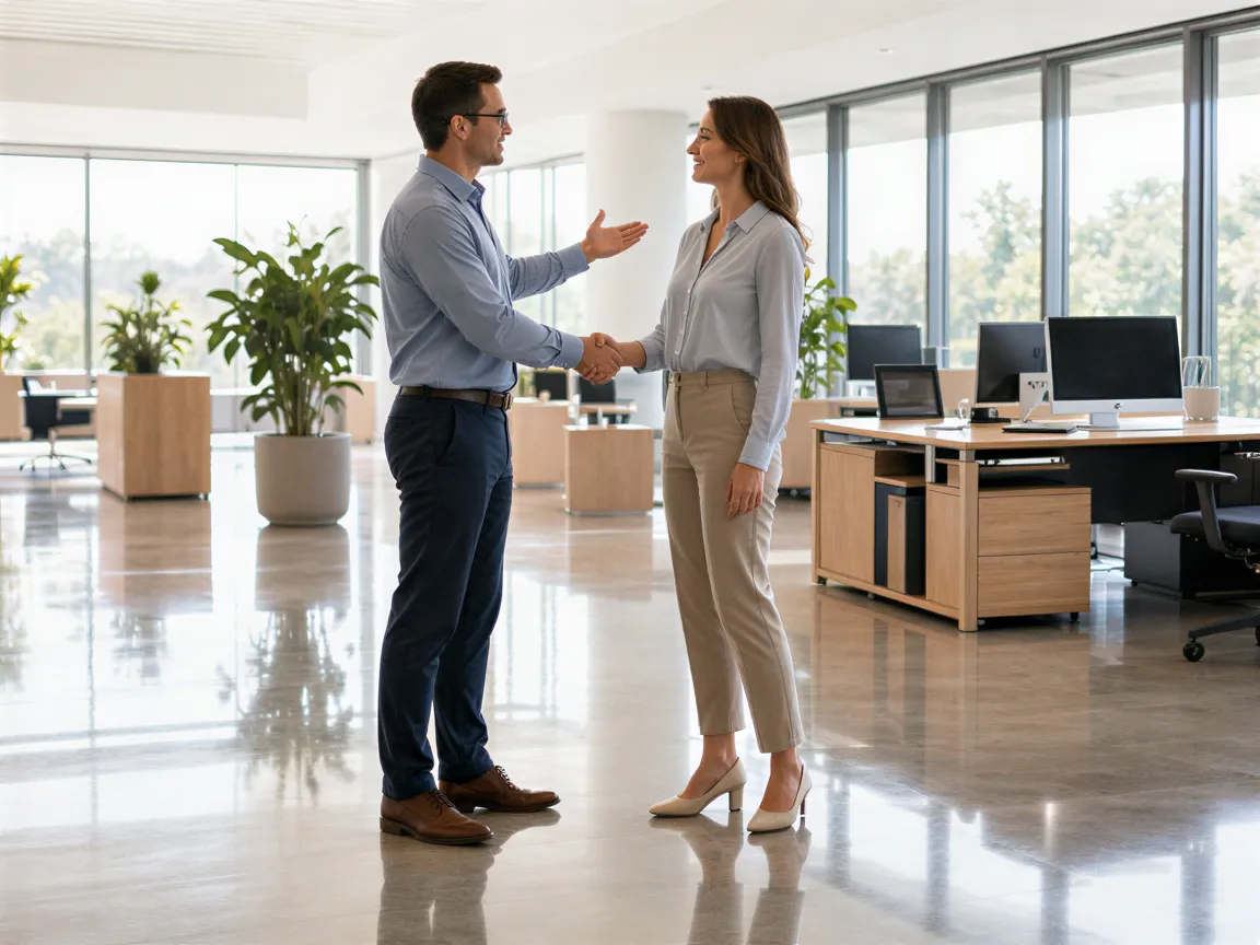 Ein Mann und eine Frau schütteln sich in einem sauberen, modernen Büro die Hände.
