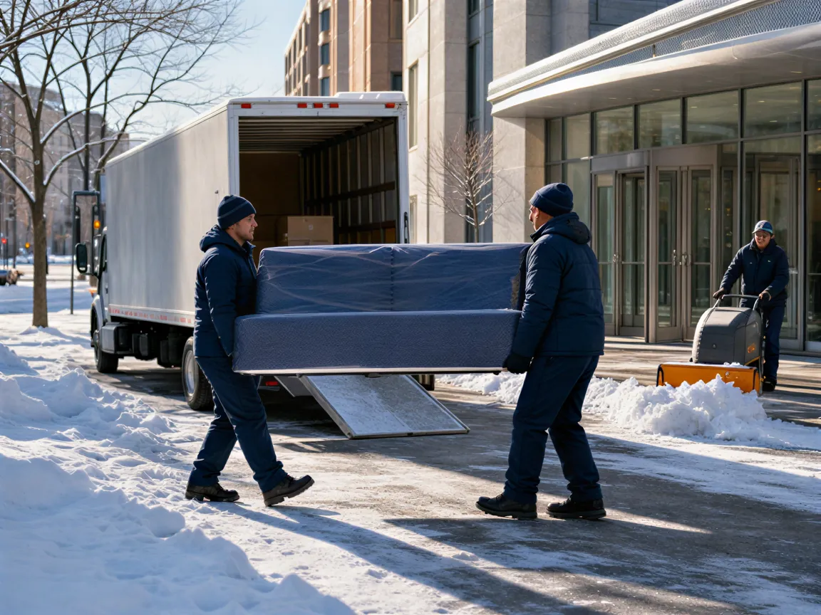 Zwei Umzugshelfer tragen ein Sofa in einen Transporter vor einem modernen Bürogebäude im Schnee.