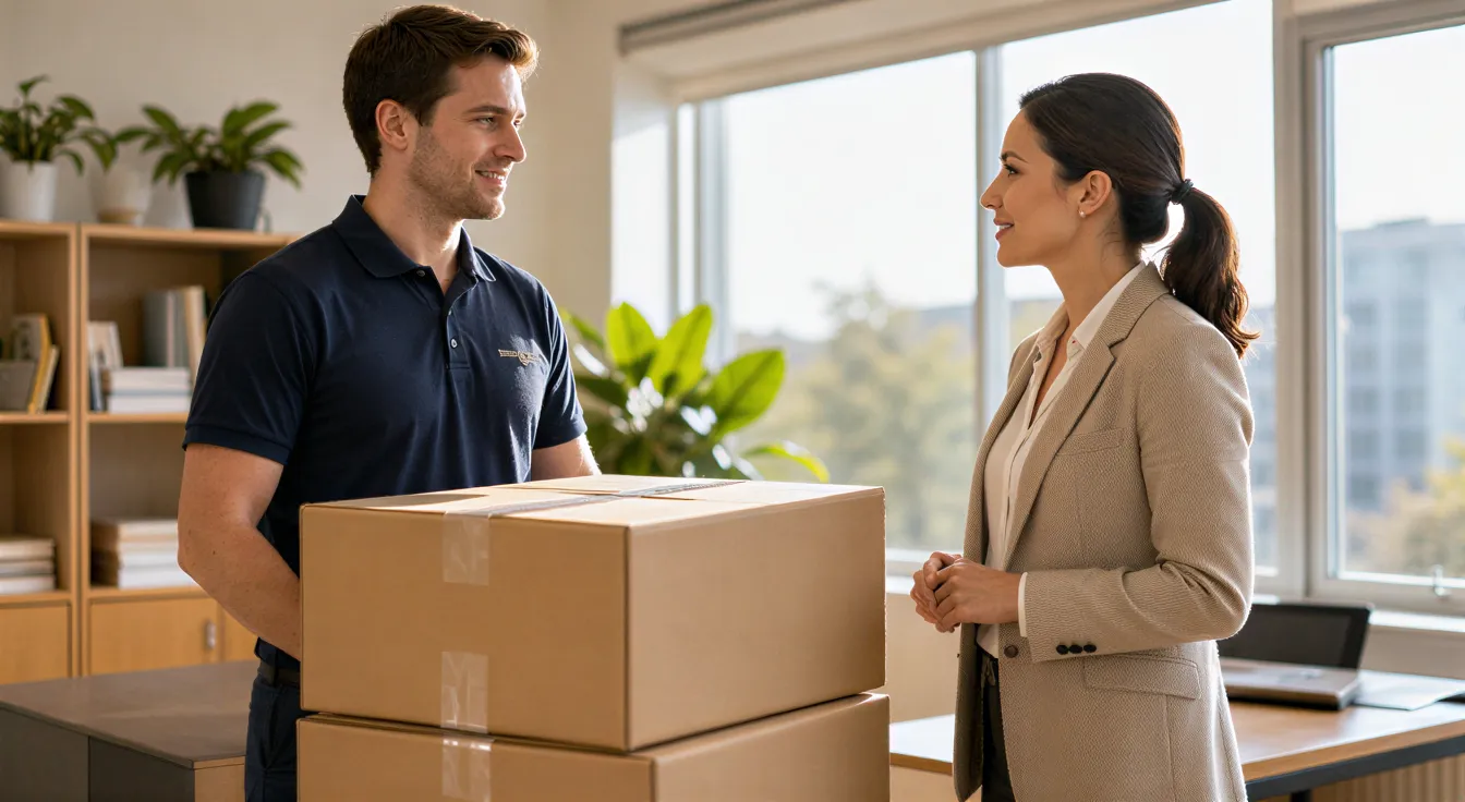 Ein Umzugsspezialist und eine Kundin besprechen die Übergabe von gepackten Kartons in einem sonnendurchfluteten Büro.