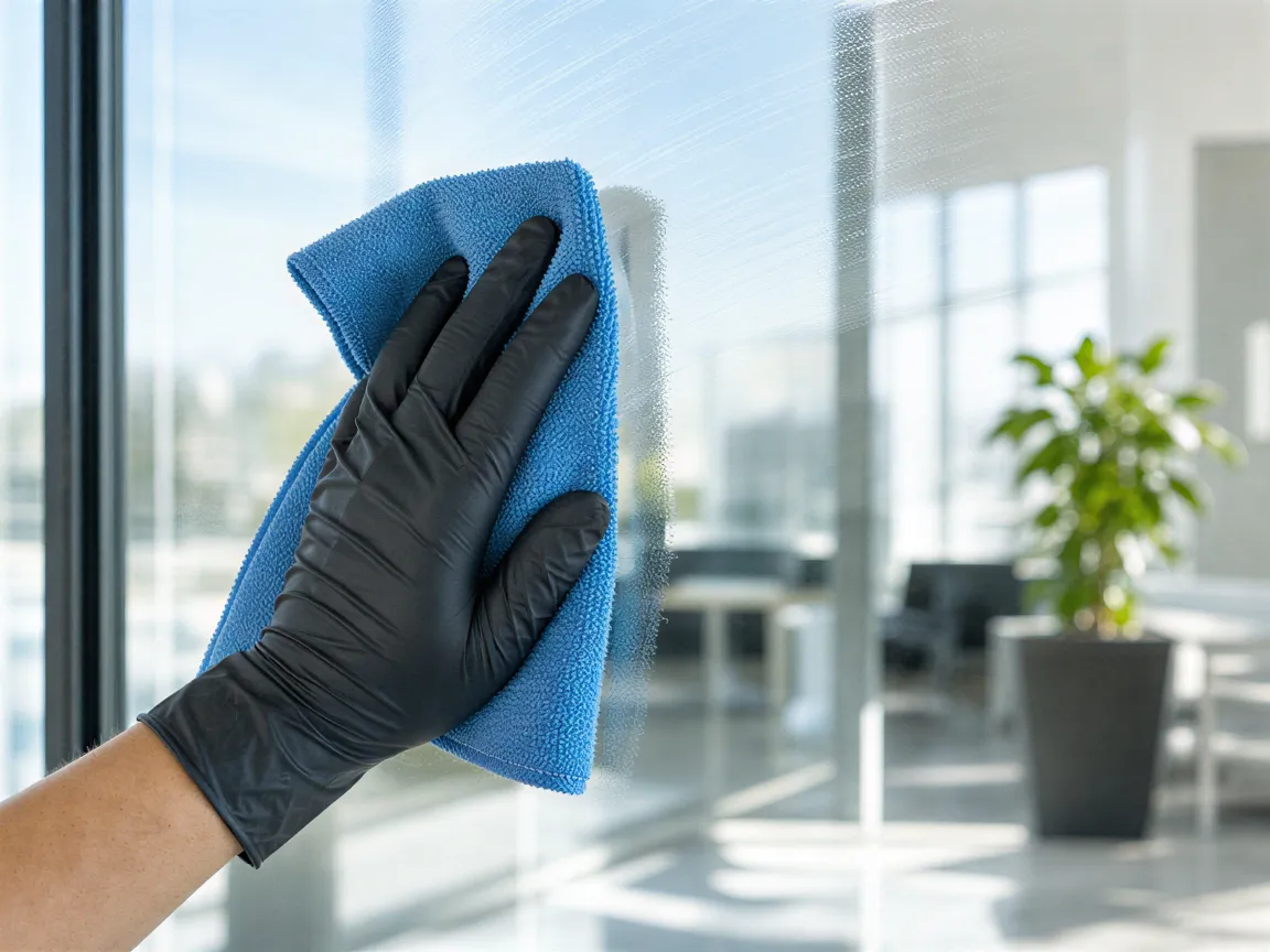 Eine Hand mit Gummihandschuh reinigt mit blauem Mikrofasertuch eine große Fensterscheibe in einem modernen Büro.