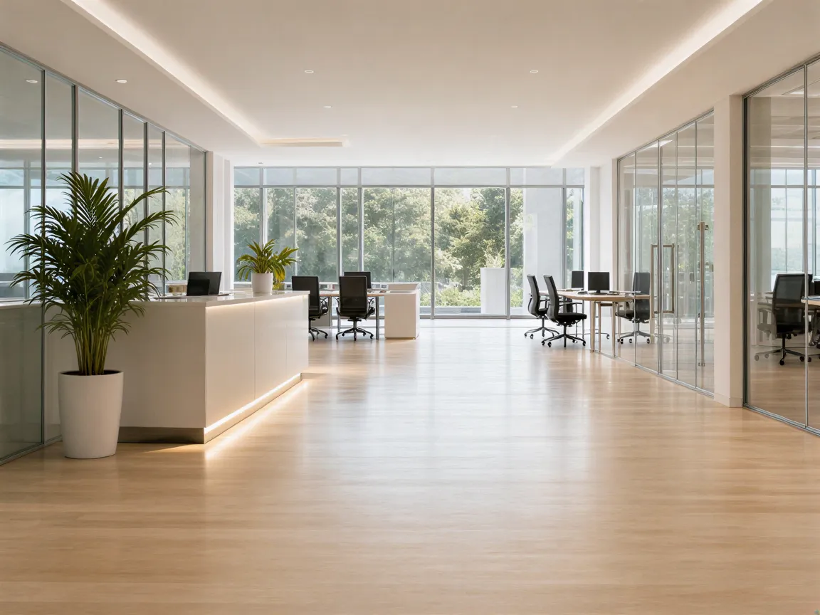 Ein leerer, moderner Büroflur mit polierten Böden, minimalistischen Möbeln und großen Fenstern.