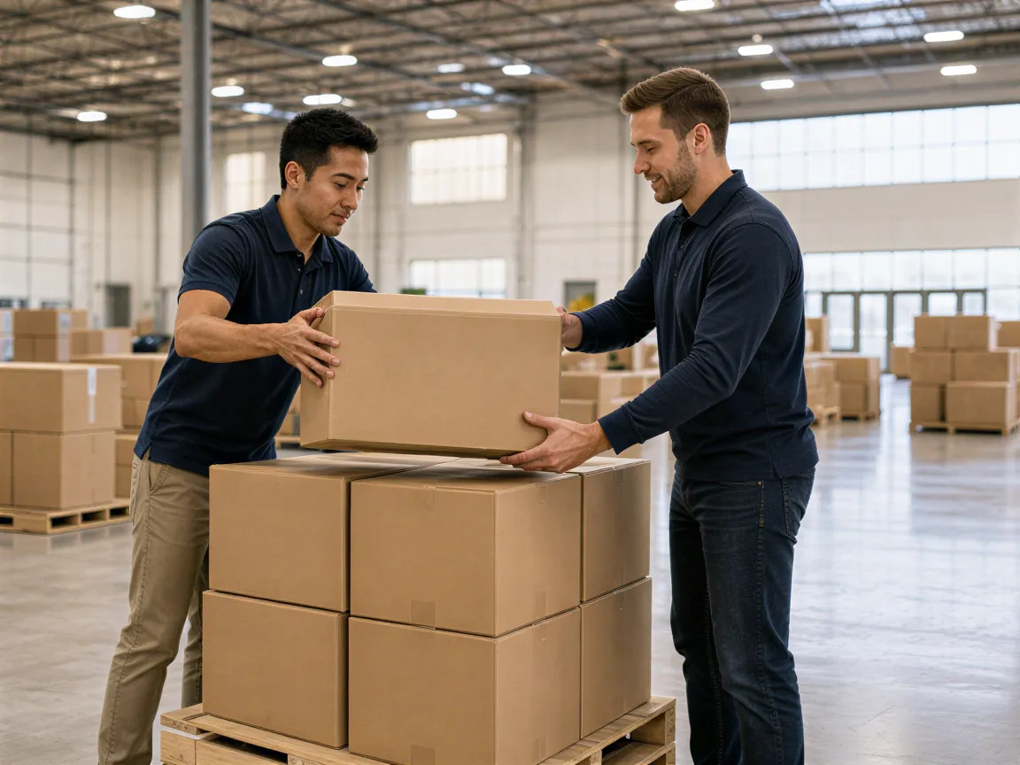 Zwei Logistikmitarbeiter stapeln einen großen Karton in einem sauberen, modernen Lagerhaus.