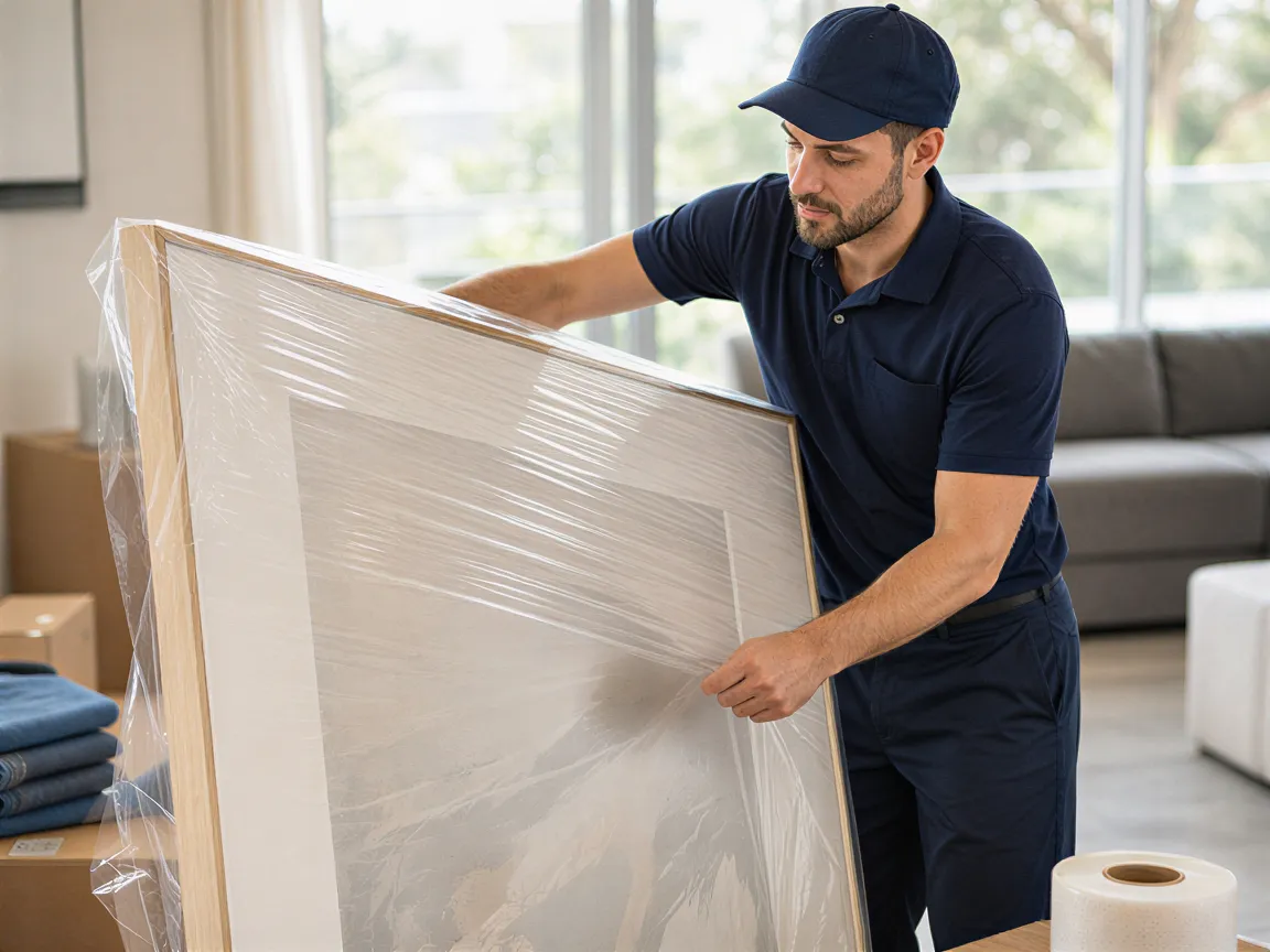Ein Umzugsspezialist in sauberer Uniform wickelt sorgfältig ein großes, gerahmtes Kunstwerk in Schutzfolie ein.