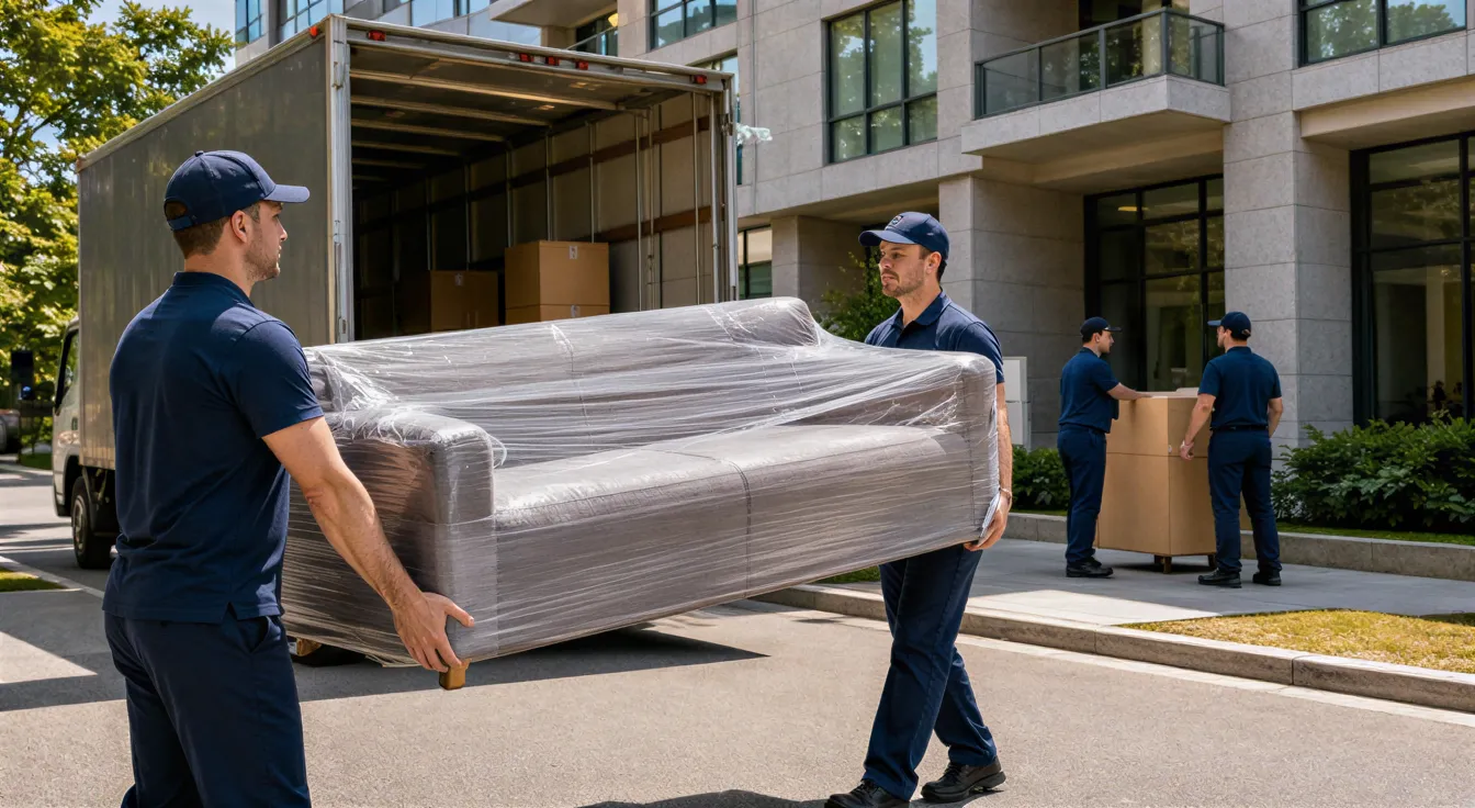 Ein Umzugsteam transportiert ein sorgfältig verpacktes Sofa von einem Laster vor einem modernen Wohnkomplex.