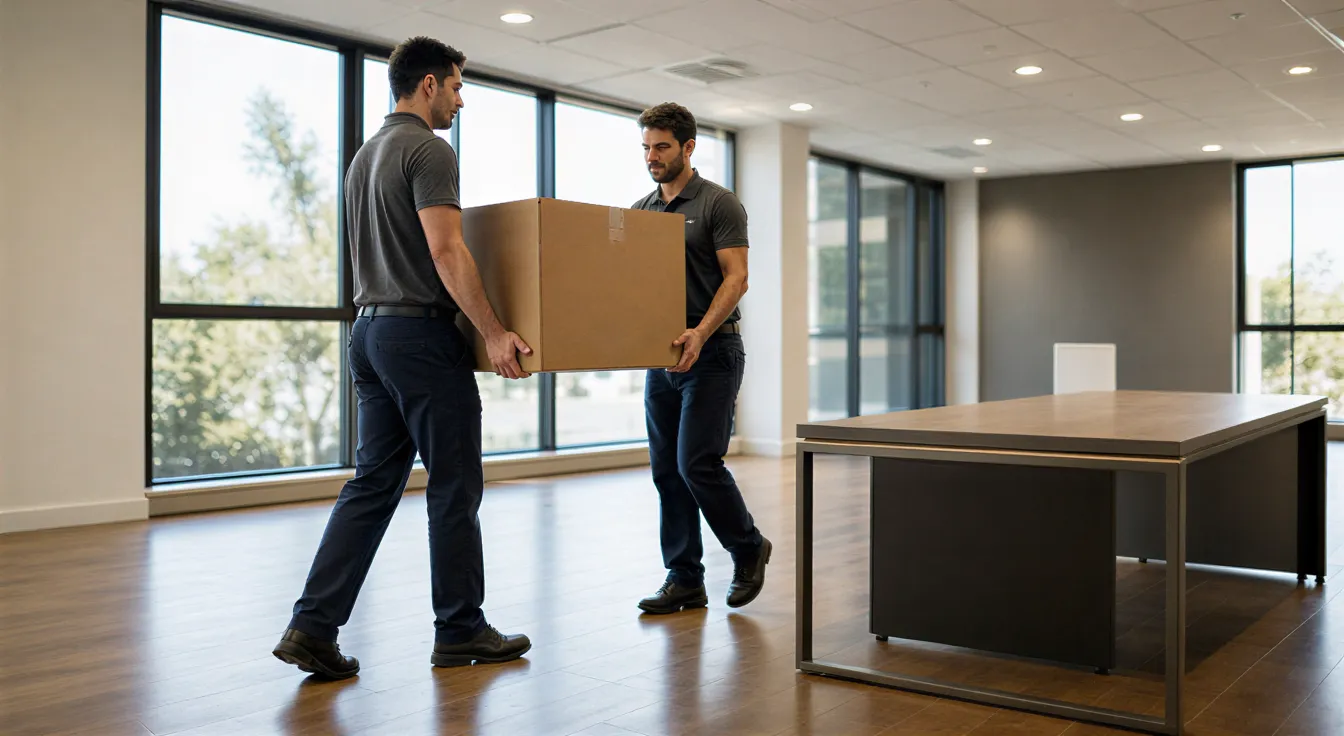 Ein professionelles Umzugsteam trägt einen großen Karton durch einen leeren, modernen Büroraum.