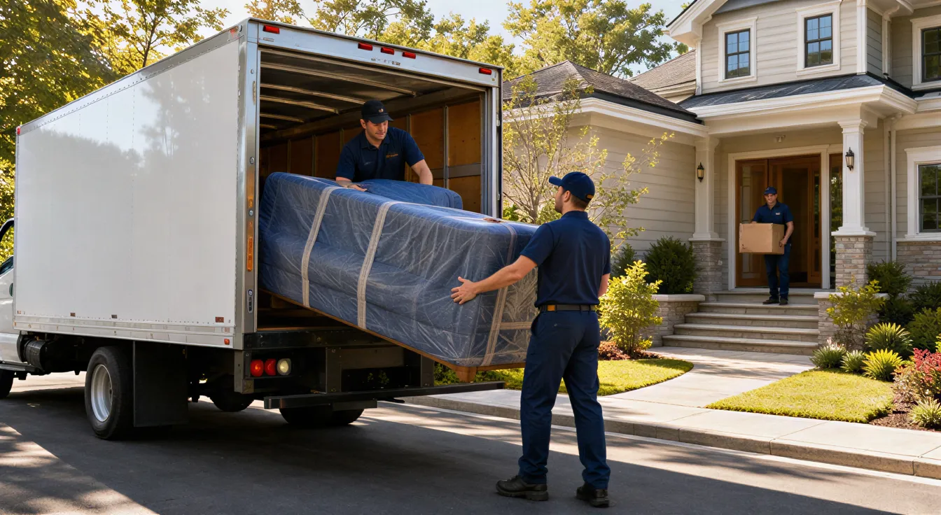 Ein Umzugsteam lädt ein großes, eingepacktes Sofa in einen modernen Umzugswagen vor einem Einfamilienhaus.