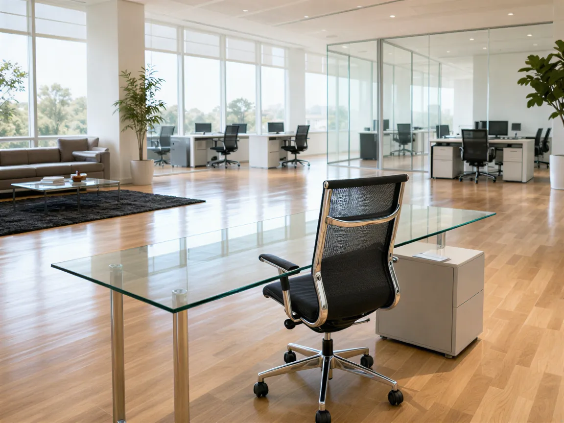 Ein sonnendurchflutetes, modernes Büro mit sauberem Glas-Schreibtisch, ergonomischem Stuhl und poliertem Holzboden.
