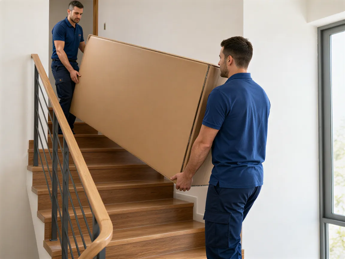 Zwei Umzugshelfer tragen vorsichtig einen großen Fernseher in einer Kartonschachtel eine Treppe hinunter.
