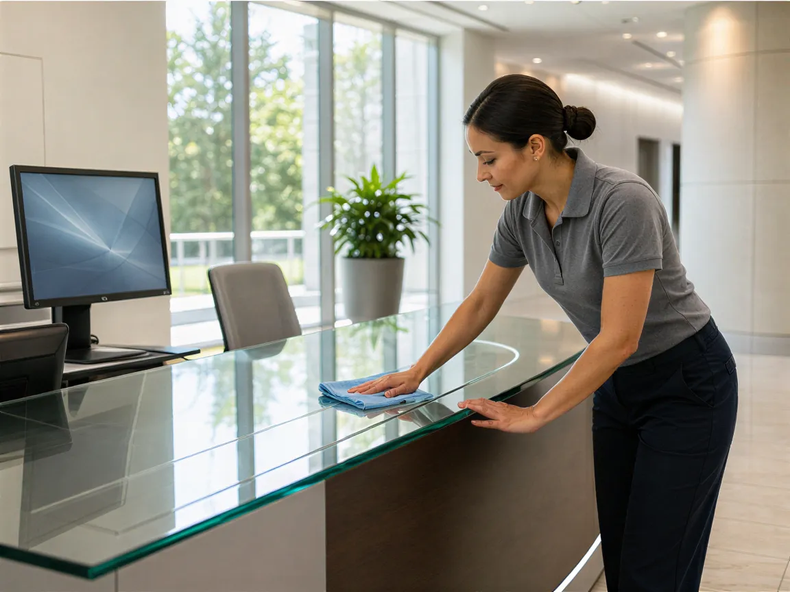 Eine Reinigungskraft wischt einen gläsernen Empfangstresen in einem modernen Büro.