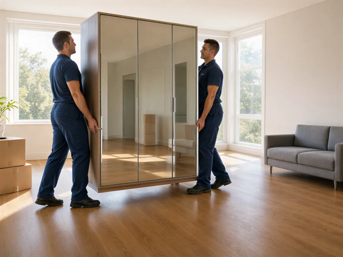 Zwei Arbeiter in blauen Uniformen tragen einen großen, spiegelnden Kleiderschrank in einen hellen Wohnraum.