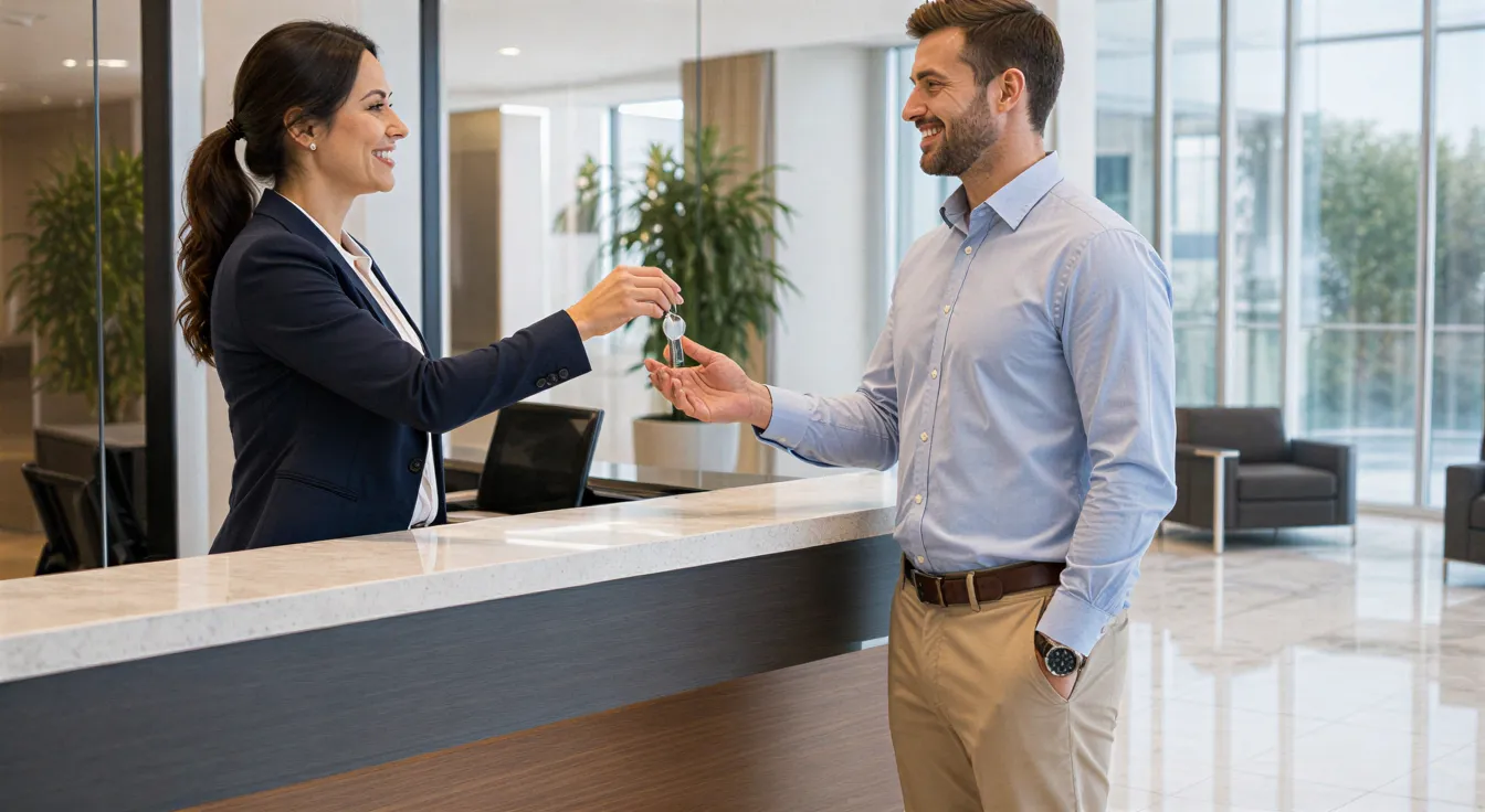 Eine Beraterin übergibt Schlüssel an einen zufriedenen Kunden im hellen Foyer eines modernen Bürogebäudes.