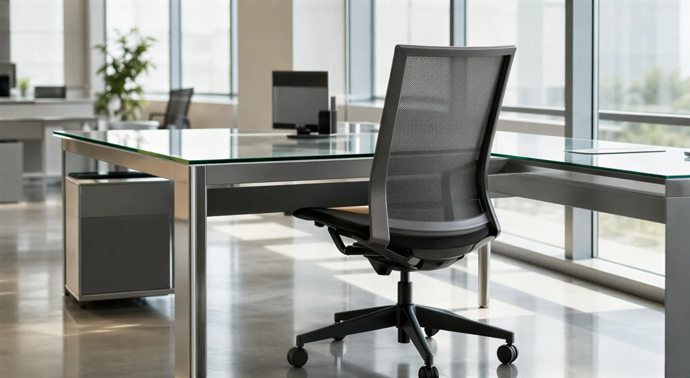 Ein sauberes, leeres Büro mit einem gläsernen Schreibtisch und ergonomischem Stuhl, durch das Sonnenlicht fällt.