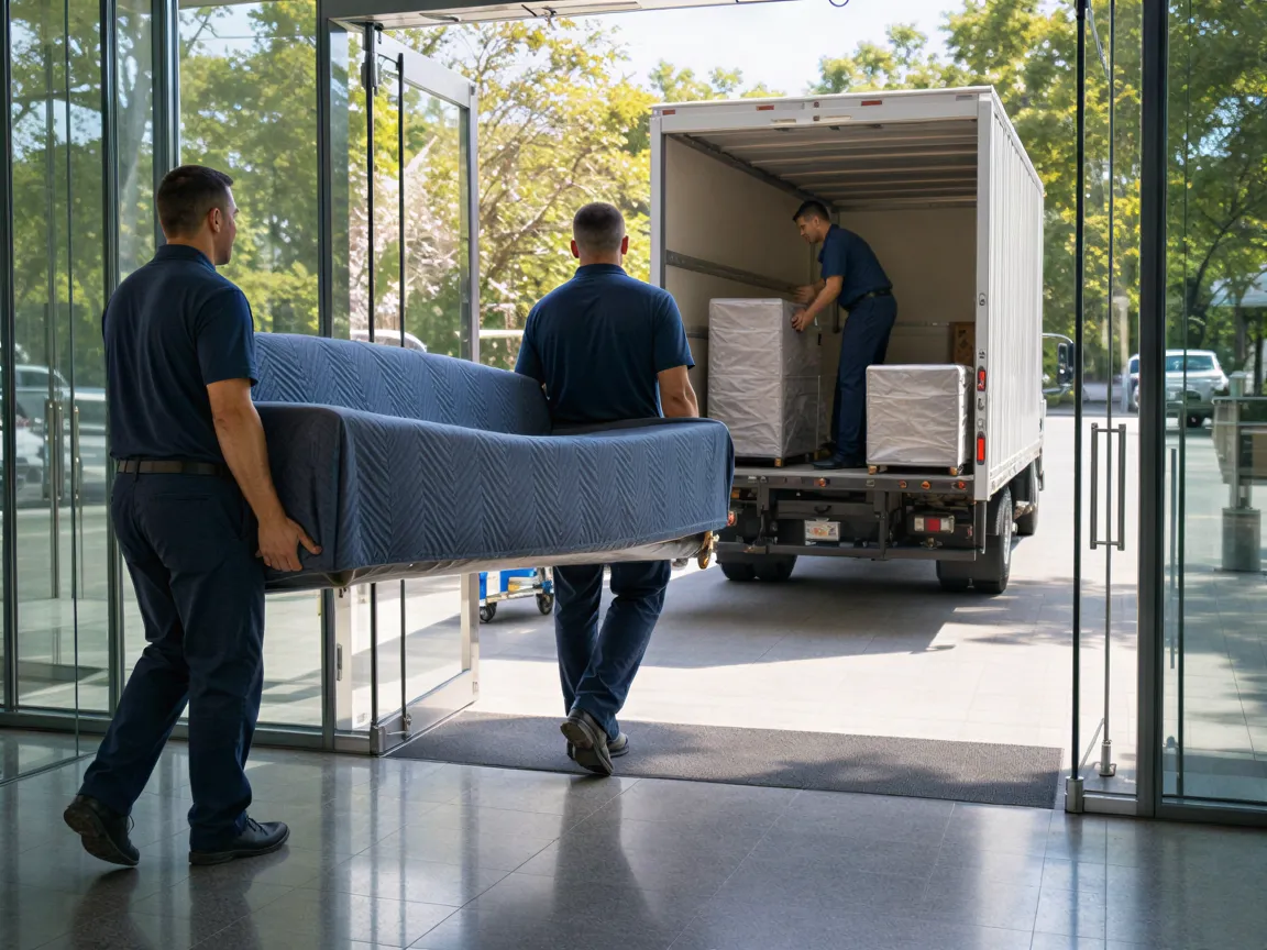 Zwei Möbelpacker tragen ein eingewickeltes Sofa durch die Glastüren eines modernen Bürogebäudes.