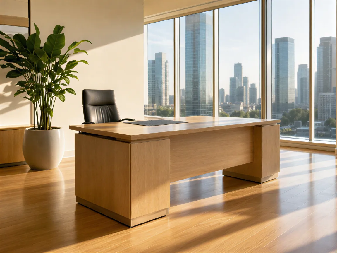 Ein sonnendurchflutetes Büro mit poliertem Holzboden, leerem Schreibtisch und Blick auf die Stadt.