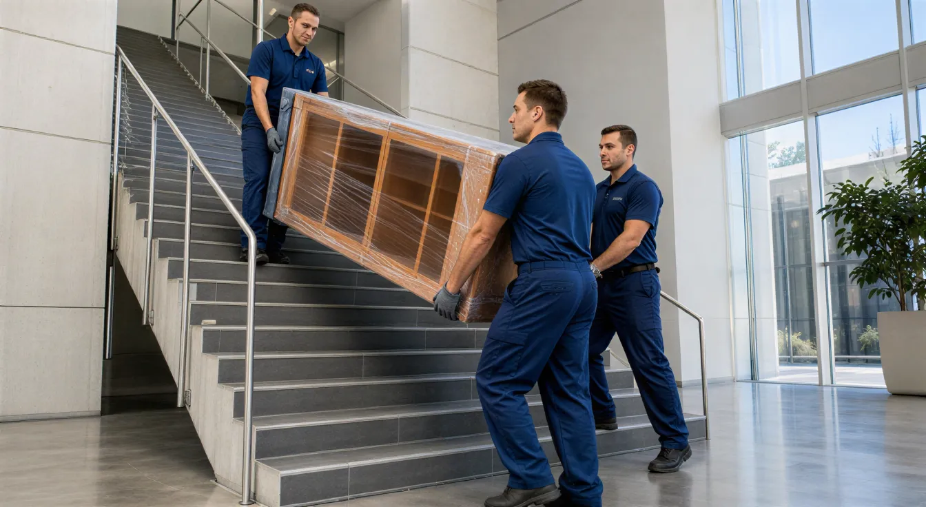 Drei Umzugshelfer in blauer Arbeitskleidung tragen ein großes, eingepacktes Holzregal eine moderne Treppe hinab.